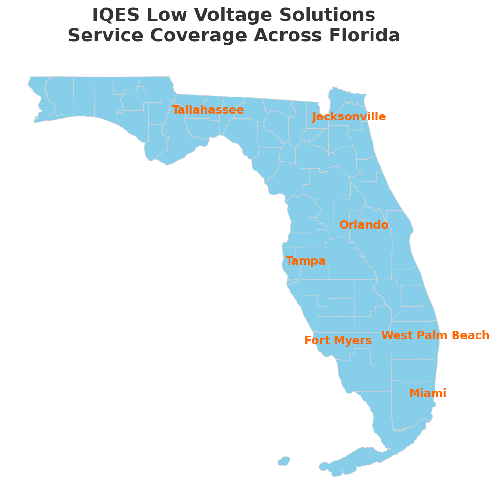 IQES Low Voltage service coverage map of Florida showing Miami, Orlando, Tampa, Jacksonville and other cities